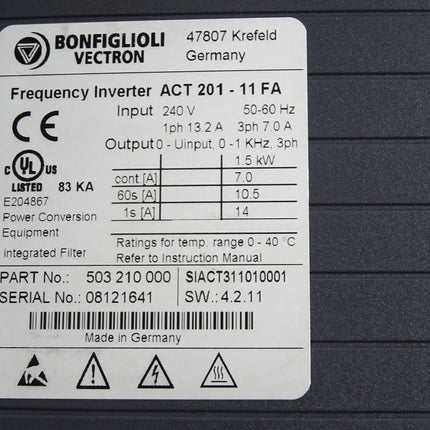 Bonfiglioli Vectron ACT201-11FA Frequency Inverter 1.5kW - Maranos.de