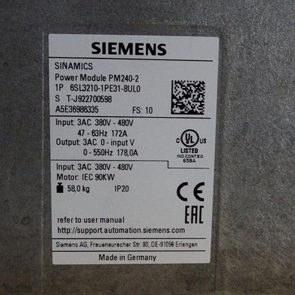 Siemens Sinamics 90kW Power Module PM240-2 6SL3210-1PE31-8UL0 / Unbenutzt - Maranos.de