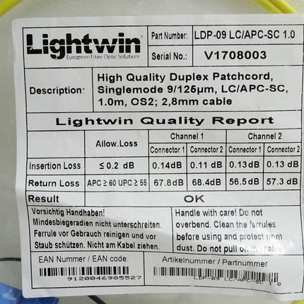Lightwin LDP-09 LC/APC-SC 1.0 Duplex LWL Patchkabel 1m / Neu OVP - Maranos.de