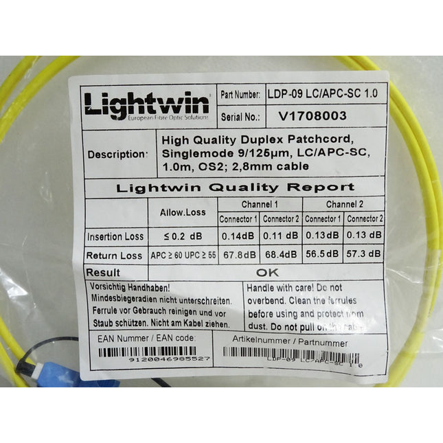 Lightwin LDP-09 LC/APC-SC 1.0 Duplex LWL Patchkabel 1m / Neu OVP - Maranos.de