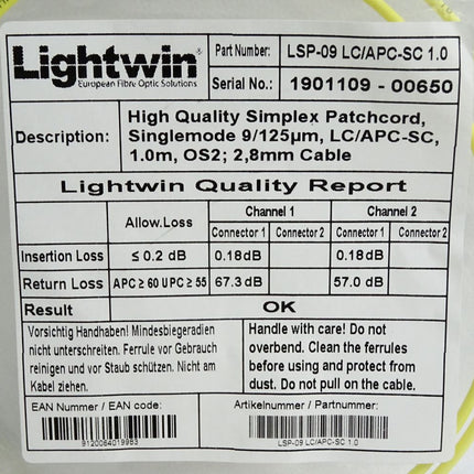 Lightwin LSP-09 LC/APC-SC 1.0 Simplex LWL Patchkabel 1m / Neu OVP - Maranos.de