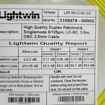 Lightwin LDP-09 LC-SC 3.0 Duplex LWL Patchkabel 3m / Neu OVP - Maranos.de