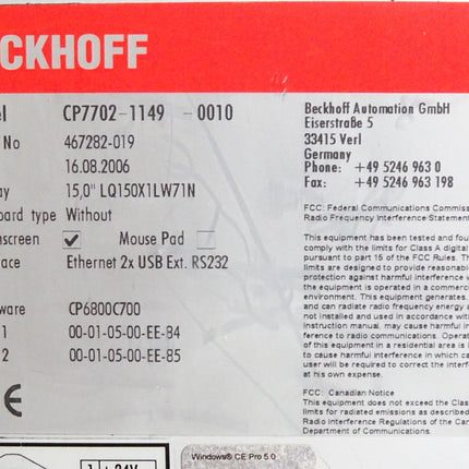 Beckhoff Economy-Panel-PC CP7702-1149-0010 15,0" Touch