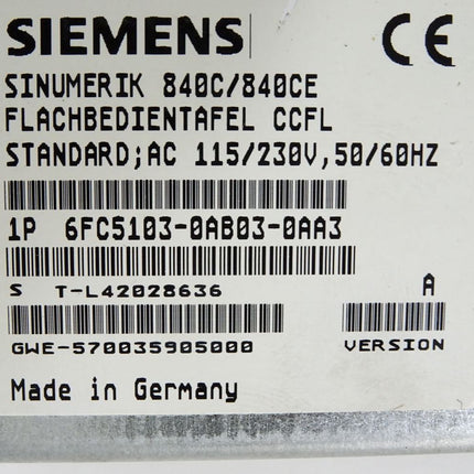 Siemens Sinumerik 840C/840CE Flachbedientafel CCFL 6FC5103-0AB03-0AA3 Version A - Maranos.de