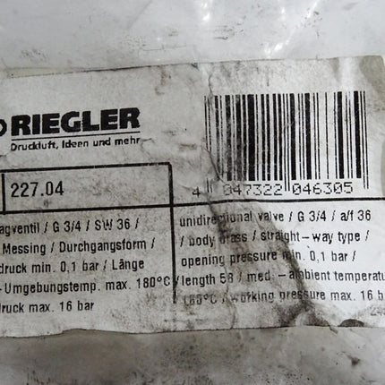 Riegler Rückschlagventil 227.04 G 3/4 SW36 0.1bar 58Med. 180°C 16bar / Neu OVP - Maranos.de