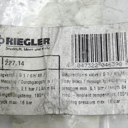 Riegler Rückschlagventil 227.14 G 1 SW46 0.1bar 84Med. 180°C 16bar / Neu OVP - Maranos.de