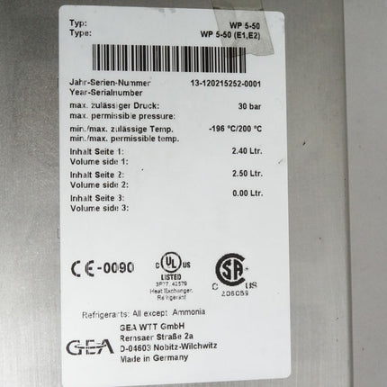 GEA WTT Wärmetauscher WP5-50 30bar -196°C/200°C 2.40L 2.50L / unbenutzt - Maranos.de