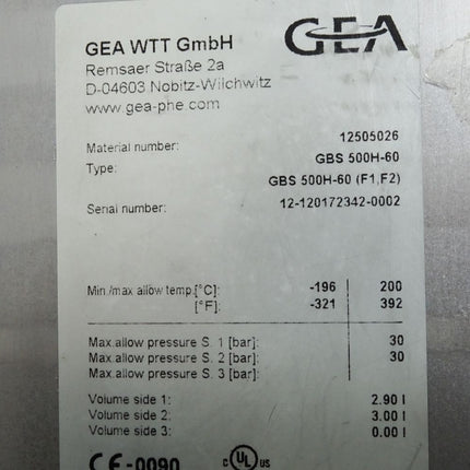 GEA WTT Wärmetauscher GBS500H-60 30bar -196°C/200°C 2.90L 3.00L / unbenutzt - Maranos.de