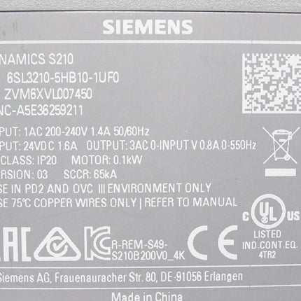 Siemens Sinamics S210 6SL3210-5HB10-1UF0 0.1kW - Maranos.de