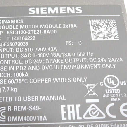 Siemens Sinamics Double Motor Module 2x18A 6SL3120-2TE21-8AD0 - Maranos.de