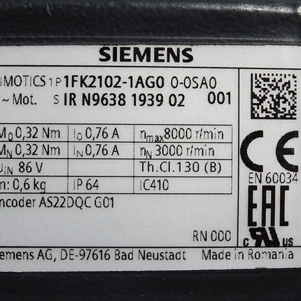 Siemens Simotics Servomotor 1FK2102-1AG00-0SA0 3000U/min / Unbenutzt Lagerspuren - Maranos.de