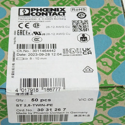 Phoenix Contact 3031267 Inhalt:50 Reihenklemme ST 2,5-TWIN-PE Neu OVP versiegelt - Maranos.de