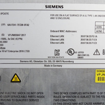 Siemens IPC477E Panel 6AV7241-7EC08-0FA2 6AV7 241-7EC08-0FA2 E3-1505L 240GB 16GB - Maranos.de