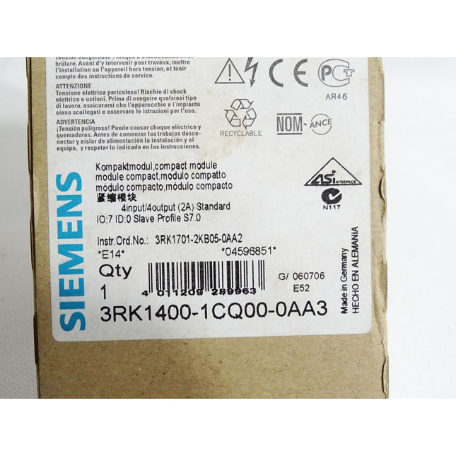 Siemens Kompaktmodul 3RK1400-1CQ00-0AA3 + Montageplatte 3RK1901-0CA00 / Neu OVP - Maranos.de