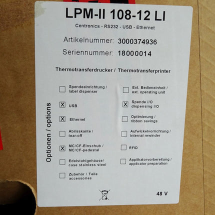 GEA Thermotransferdrucker Centronics RS232 USB Ethernet LPM-II 108-12 LI / Neu - Maranos.de
