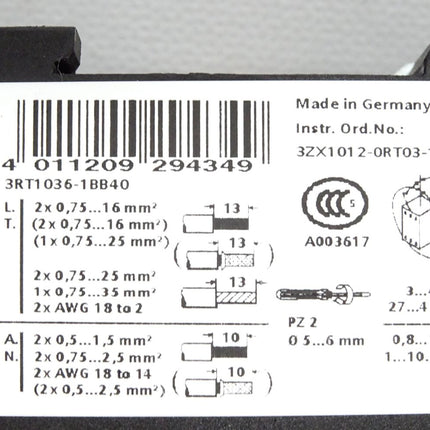 Siemens Leistungsschütz 3RT1036-1BB40 + Hilfsschalterblock 3RH1921-1HA22