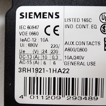 Siemens Leistungsschütz 3RT1036-1BB40 + Hilfsschalterblock 3RH1921-1HA22