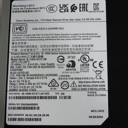 CISCO IE1000 IE-1000-6T2T-LM Industrial Ethernet Switch / Neuwertig