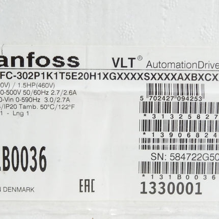 Danfoss VLT Frequenzumrichter 131B0036 FC-302P1K1T5E20H1 1.1kW / Neu OVP - Maranos.de
