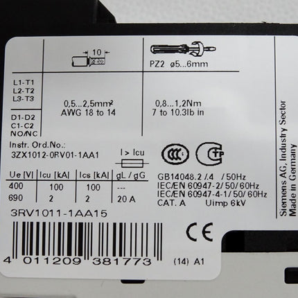 Siemens Leistungsschalter 3RV1011-1AA15