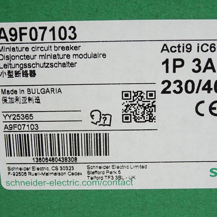 Schneider Electric Acti9 iC60H A9F07103 Leitungsschutzschalter 1P 3A C / Neu
