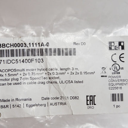 B&R ACOPOSmulti motor hybrid cable 3m 8BCH0003.1111A-0 4x1.5mm2 / Neu OVP