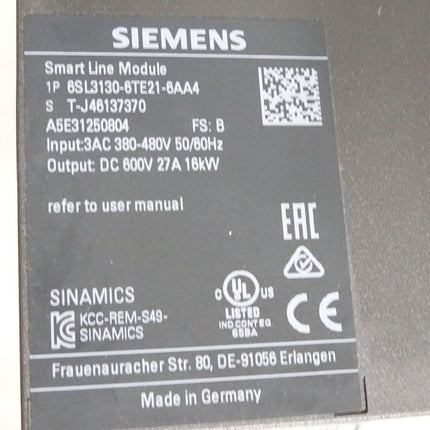 Siemens Sinamics S120 Smart Line Module 6SL3130-6TE21-6AA4 16kW