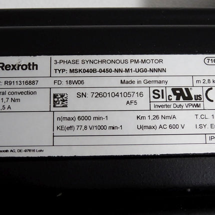 Rexroth R911316887 Servomotor MSK040B-0450-NN-M1-UG0-NNNN / Erneuert - Maranos.de