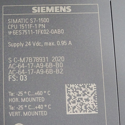 Siemens S7-1500 CPU1511F-1PN 6ES7511-1FK02-0AB0 6ES7 511-1FK02-0AB0 / Erneuert