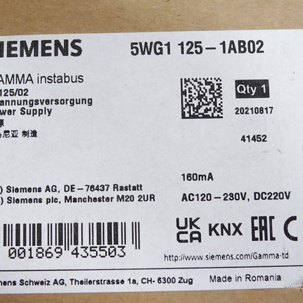 Siemens 5WG1 125-1AB02 5WG1125-1AB02 Power Supply GAMMA instabus / Neu OVP - Maranos.de