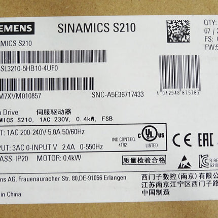 Siemens Sinamics S210 6SL3210-5HB10-4UF0 0.4kW / Neu OVP - Maranos.de