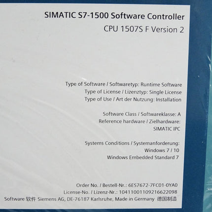 Siemens 6ES7672-7FC01-0YA0 Failsafe Software Controller CPU 1507S F / versiegelt - Maranos.de