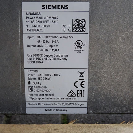 Siemens Sinamics PM240-2 6SL3210-1PE31-5AL0 75kW + 6SL3244-0BB12-1BA1 Neuwertig