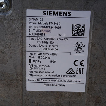 Siemens Sinamics PM240-2 6SL3210-1PE24-5AL0 22kW + 6SL3244-0BB12-1BA1 Neuwertig