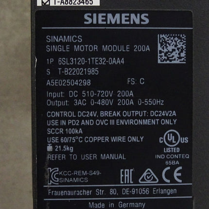 Siemens Sinamics Single Motor Module 200A 6SL3120-1TE32-0AA4