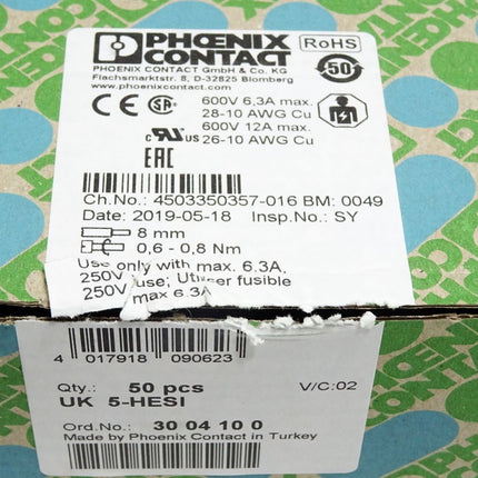 Phoenix Contact 3004100 Inhalt:50 Stück UK 5-HESI / Neu OVP - Maranos.de