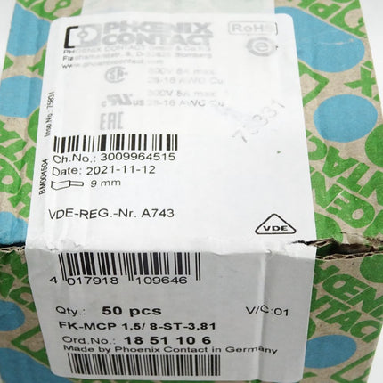 Phoenix Contact 1851106 FK-MCP 1,5/ 8-ST-3,81 Inhalt:50 Stück Neu OVP versiegelt - Maranos.de