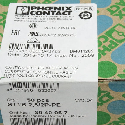 Phoenix Contact 3040067 Inhalt:50 Stück STTB 2,5/2P-PE / Neu OVP versiegelt - Maranos.de