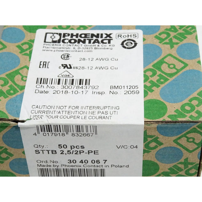 Phoenix Contact 3040067 Inhalt:50 Stück STTB 2,5/2P-PE / Neu OVP versiegelt - Maranos.de