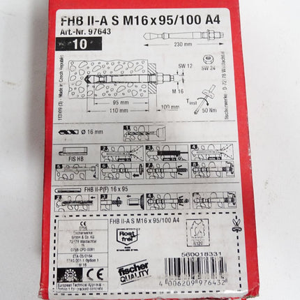 Fischer 97643 Inhalt:10 Stück Highbond-Anker FHB II-A S M 16 x 95/100 A4 Neu OVP - Maranos.de