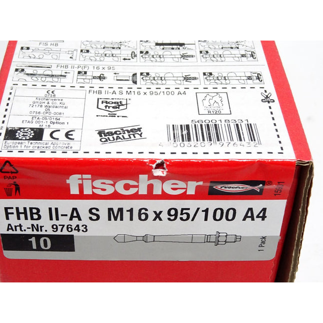 Fischer 97643 Inhalt:10 Stück FHB II-A S M 16 x 95/100 A4 / Neu OVP versiegelt - Maranos.de