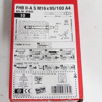 Fischer 97643 Inhalt:10 Stück FHB II-A S M 16 x 95/100 A4 / Neu OVP versiegelt - Maranos.de