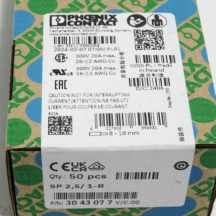 Phoenix Contact 3043077 Inhalt:50 Stück SP2,5/1-R / Neu OVP versiegelt - Maranos.de