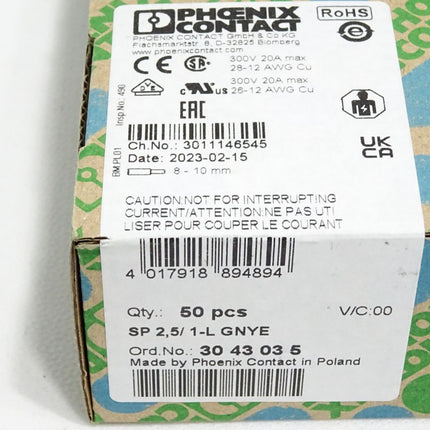 Phoenix Contact 3043035 Inhalt:50 Stück SP2,5/1-L GNYE / Neu OVP versiegelt - Maranos.de