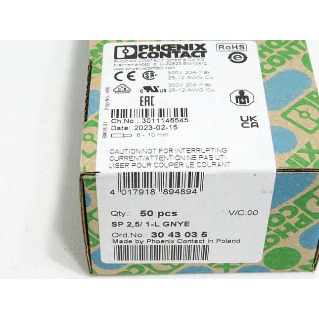 Phoenix Contact 3043035 Inhalt:50 Stück SP2,5/1-L GNYE / Neu OVP versiegelt - Maranos.de