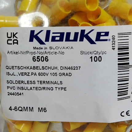 Klauke 6506 Inhalt:100 Stück Isolierte Quetschkabelschuhe gelb / Neu OVP - Maranos.de