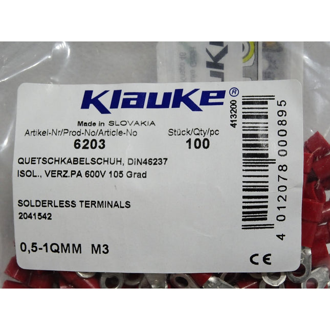 Klauke 6203 Inhalt:100 Stück Isolierte Quetschkabelschuhe rot / Neu OVP - Maranos.de