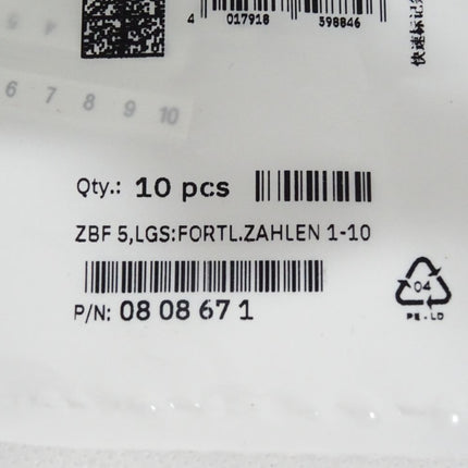 Phoenix Contact 0808671 Inhalt:10 Stück ZBF 5,LGS:FORTL.ZAHLEN 1-10 / Neu OVP - Maranos.de