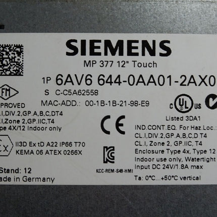 Siemens MP377 12" Touchpanel 6AV6644-0AA01-2AX0 6AV6 644-0AA01-2AX0