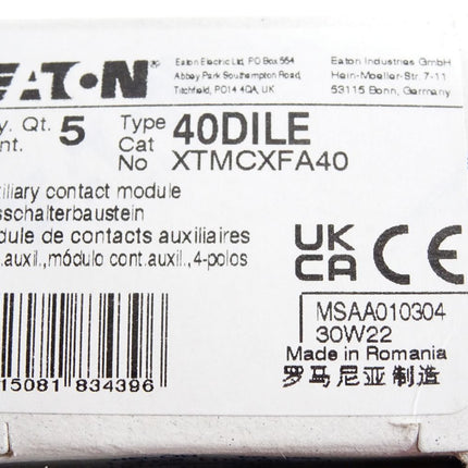 Eaton 40DILE XTMCXFA40 / Inhalt : 5 Hilffschalterbaustein / Neu OVP - Maranos.de